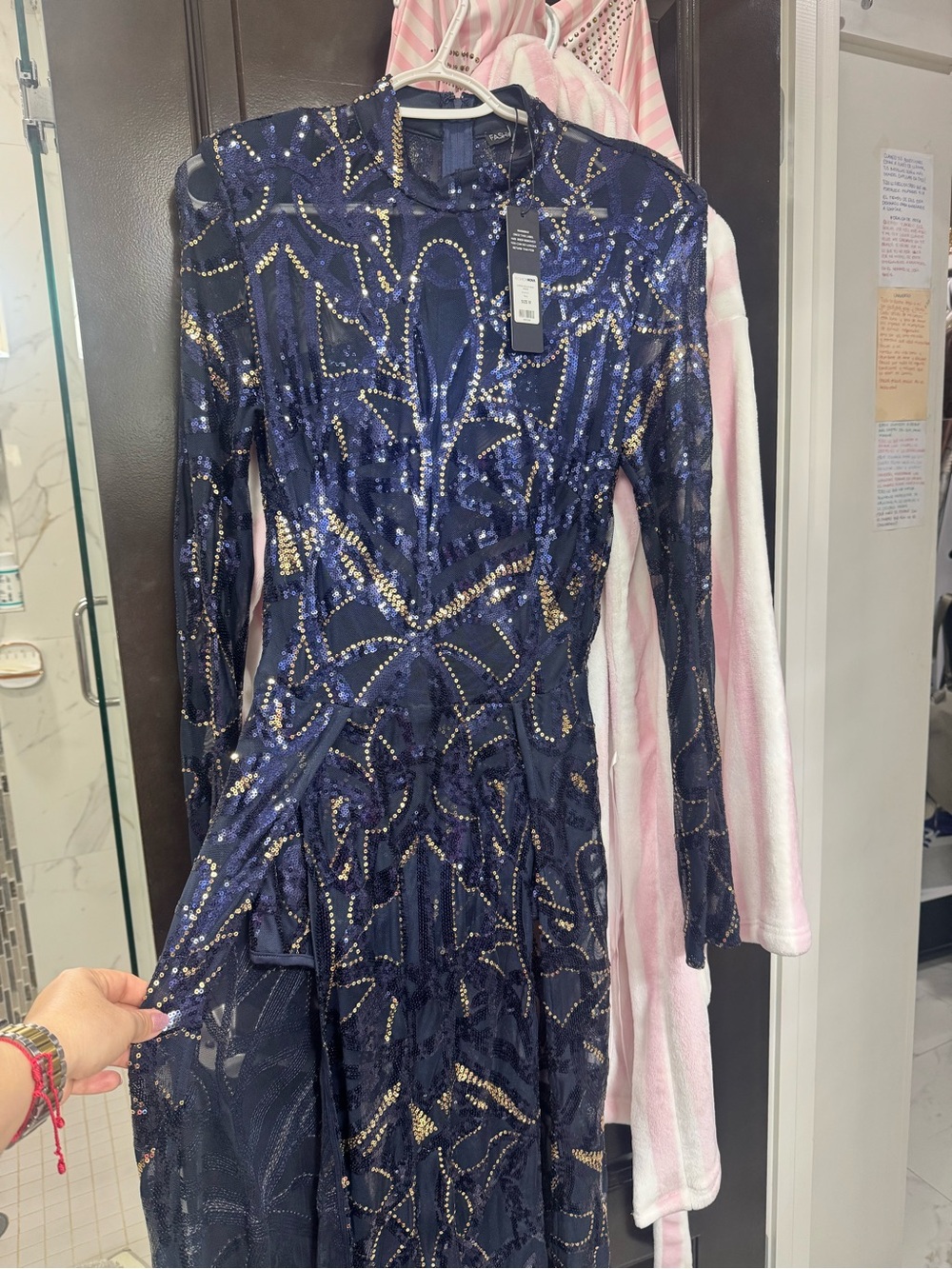 Navy Sequin Maxi Dress - Elegant Long-Sleeve Evening Gown - Picture 4 of 6